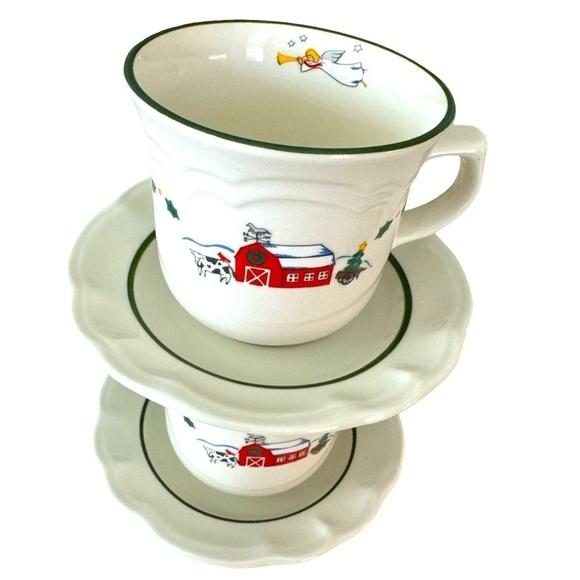 Pfaltzgraff Snow Village Flat Cup & Saucer Coffee Tea Angel Farmhouse Set of 2 - Picture 1 of 6